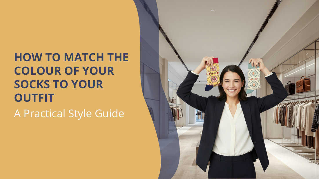 Hero banner for "How to Match the Colour of Your Socks to Your Outfit" featuring colorful patterned designer cotton crew socks and a fashion professional comparing two sock designs as a practical style guide for coordinating socks with different outfits.