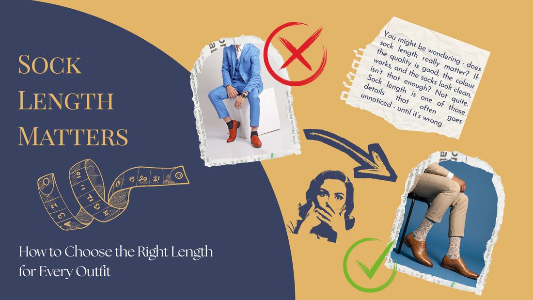 Guide to choosing the right sock length featuring colorful patterned designer cotton crew socks with examples of proper styling for formal outfits.