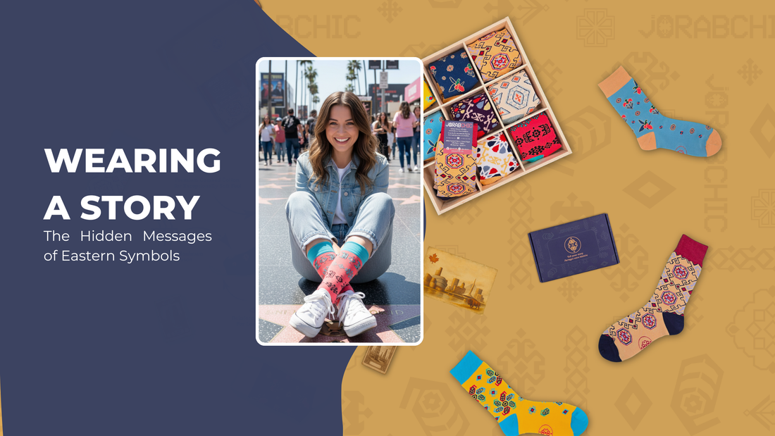 Hero banner for "Wearing a Story" featuring colorful patterned designer cotton crew socks inspired by Eastern symbols and cultural heritage, illustrating how meaningful patterns can express personal style and tradition.
