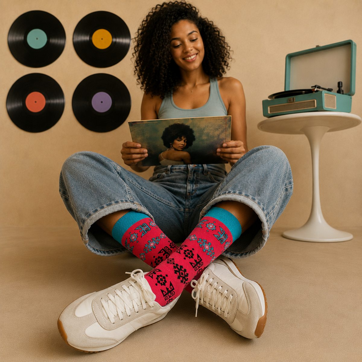 A woman sits cross-legged on a beige floor in a retro-styled room, holding a vinyl record. She is wearing bright pink and red patterned crew socks with white sneakers.
