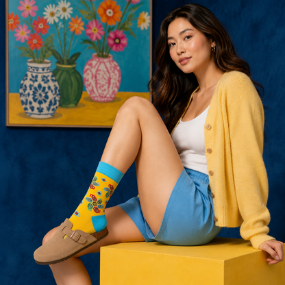 Woman wearing colorful designer cotton socks sitting on a yellow block with a floral painting in the background