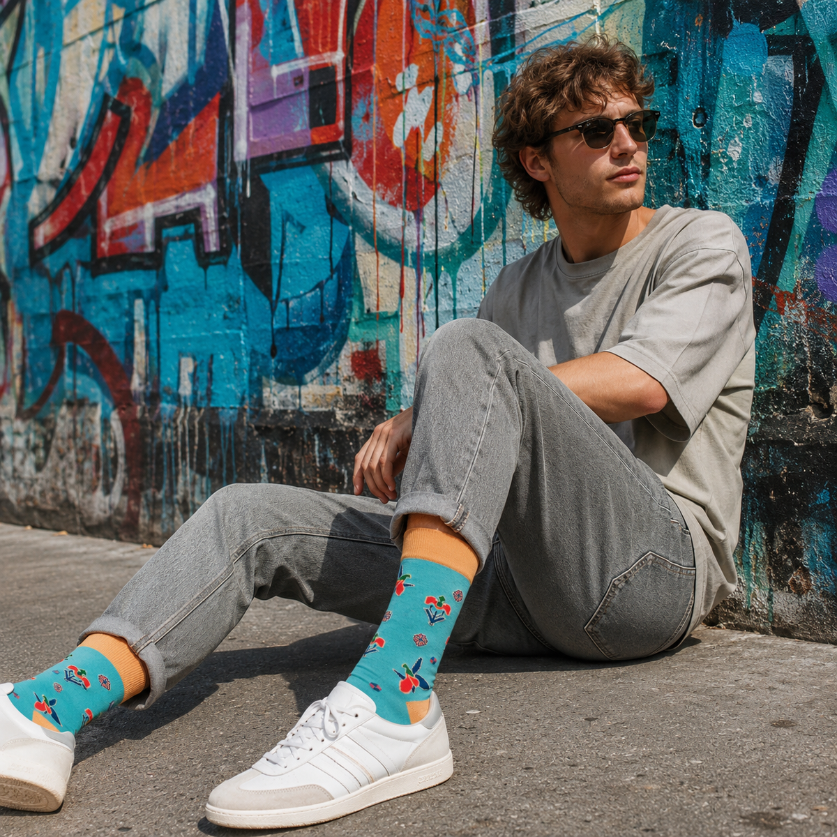 A man wearing cotton crew socks with a red and yellow floral pattern sits against a graffiti-covered wall. He is dressed in a light gray t-shirt, gray jeans, and white sneakers.