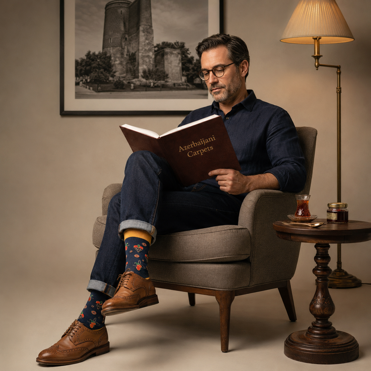 A man wearing glasses, a navy blue button-down shirt, and brown leather Oxford shoes sits in a gray armchair, reading a book titled 'Azerbaijani Carpets'. He is wearing colourful cotton floral socks and has a small wooden side table next to him with a lamp, and a framed black-and-white print of Maiden Tower in Azerbaijan on the wall.