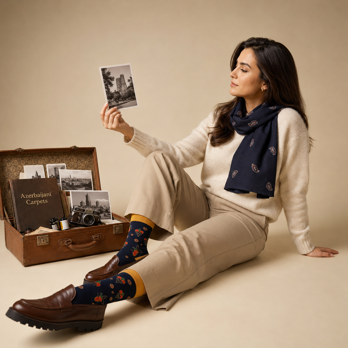 A woman sits on a beige floor next to an open vintage-style suitcase with the book named Azerbaijani Carpet, holding a black-and-white photo of Azerbaijan. She is wearing a cream sweater, beige trousers, a navy scarf with paisley, and navy patterned cotton socks with mustard yellow cuffs.