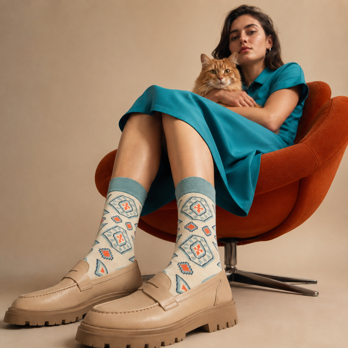A woman sits in an orange chair wearing patterned crew socks with beige loafers and a teal dress, with an orange tabby cat resting on her lap against a warm beige background.