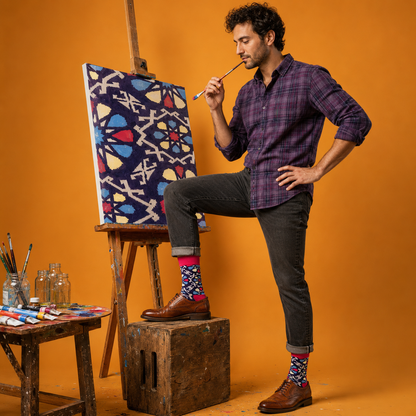 A man in a purple plaid shirt and dark jeans stands on a wooden block and demonstrates colourful patterned crew socks, standing next to canvas, holding a paintbrush against a solid orange studio background.
