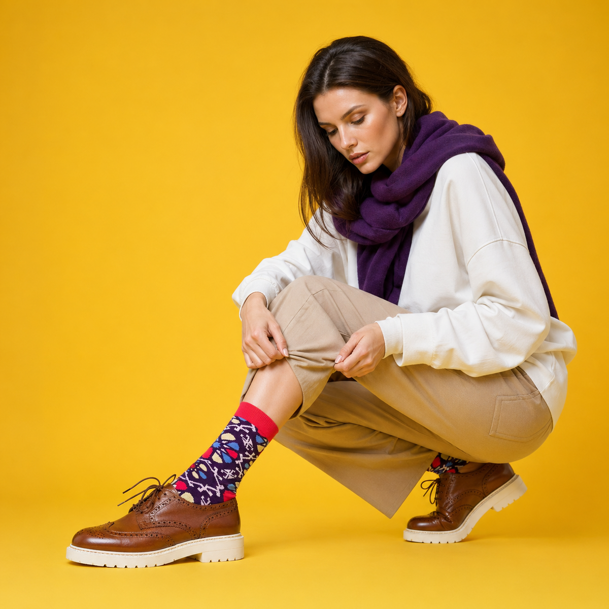 Woman wearing colorful designer crew socks with brown shoes on a yellow background